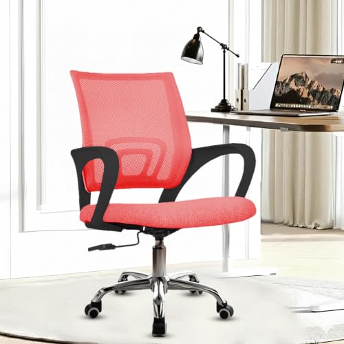 Image of Casa Copenhagen Mesh Mid Back Office /Study /Computer /Revolving /Desk Chair for Work from Home -Metal Base, Height Adjustable Seat- Rum Red & Black Handle