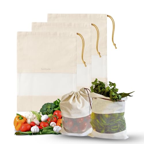 Image of Solitude Set of 3 Cotton Vegetable Bags for Fridge Storage, Reusable Washable Muslin Cloth Produce Bags with Drawstring, Eco Friendly Kitchen Storage Bags for Fruits and Vegetables