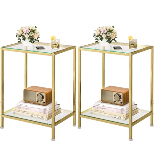 DAOUTIME Side Tables Set of 2 End Tables with Tempered Glass & Metal Frame Small Nightstands with Storage Shelves 2-Tier Gold Coffee Table with Modern Style Slim Sofa Table for Living Room Bedroom