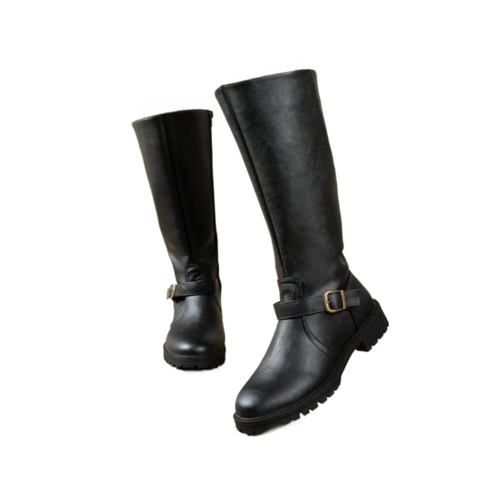 Faithgee Womens Fashion Low Heel Long Boots Casual Western Motorcycle Style Round Toe Zipper Design for Girls Outdoor