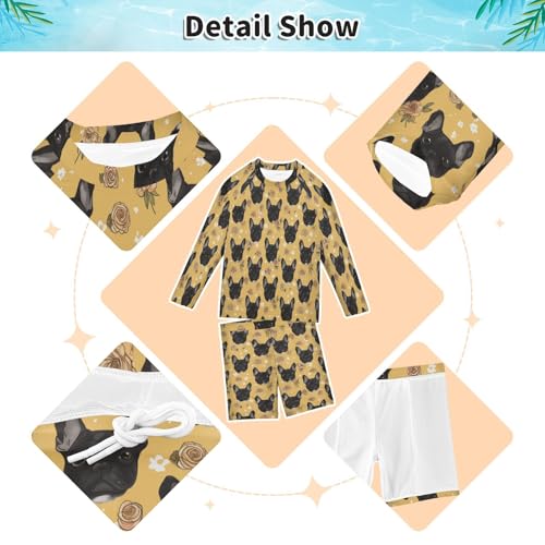 French Bulldog Roses Boys Swimsuit Rash Guard Toddler Kids Long Sleeve Swim Shirt and Trunks Swimwear Set 3-10Y3