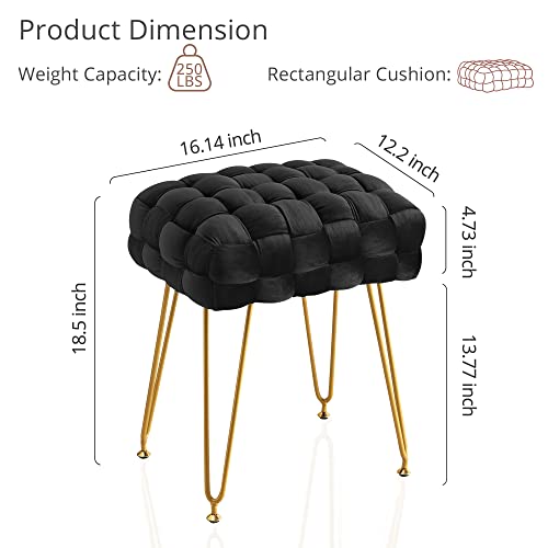 Velvet Vanity Stool , Rectangle Ottoman Foot Stool, Upholstered Make Up Bench With Gold Metal Legs And Padded Seat,Modern Indoor Bench For Living Room,Bedroom,Dressing Room And Kids Room, Black #TOP3