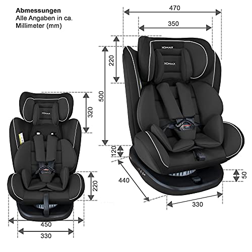 XOMAX 916 Kindersitz drehbar 360° mit ISOFIX und Liegefunktion I mitwachsend I 0-36 kg, 0-12 Jahre, Gruppe 0/1/2/3 I 5-Punkt-Gurt und 3-Punkt-Gurt I Bezug abnehmbar, waschbar I ECE R44/04