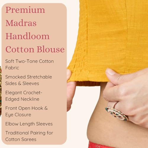 Image of Studio Shringaar Women's Handloom Cotton Side Stretchable (Smocked) Readymade Saree Blouse with Crochet Neckline