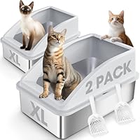 AIPERRO 2 Pack Stainless Steel Litter Box | XL Enclosed Cat Litter Boxes with Lid for Big Cats and Multi-Cats | High Sided, Anti-Urine Leakage | Non-Stick Bottom（Silver Gray）