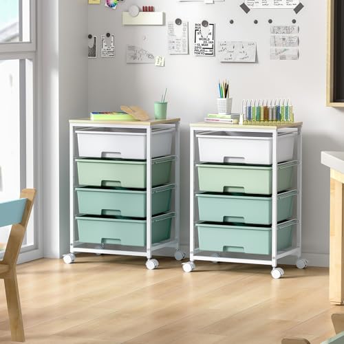 Utility Cart with 4 Drawers,Rolling Storage Cart with Drawers,Storage Rolling Drawer Cart with Wooden Tabletop for Bedroom,Kid's Room,Dorm,Classroom,Office,Green - Image 3