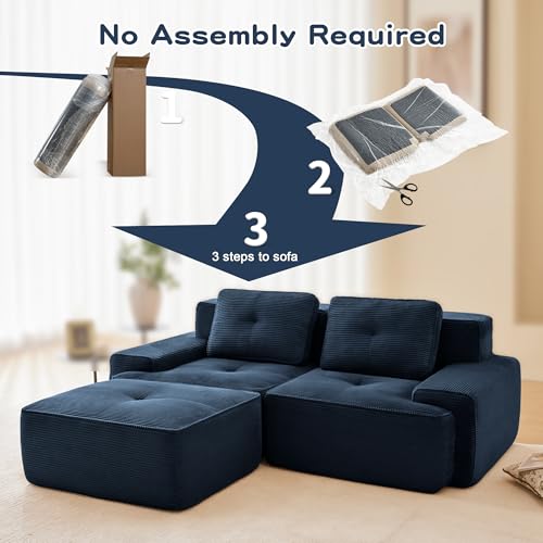 Image of 82 inch L Shaped Modular Boneless Couch with Movable Ottoman, 2 Seat, Soft Corduroy Fabric, Deep Seat Cloud sectional Sofa with Pearl Like Piping and Tufted Design, No Assembly, Anti Slip, Blue