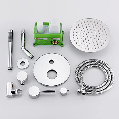 Image of SUMERAIN Bathroom Rain Shower System with 8 inch Rain Shower Head | Wall Mounted, Brass Hand Shower, Rough in Valve Included, Concealed Box Design, Easy to Maintain and Install