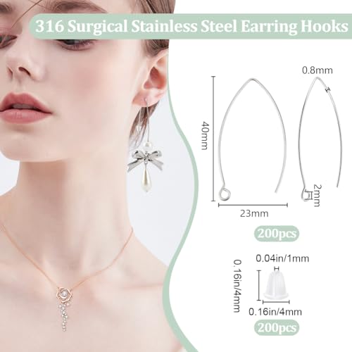 Beebeecraft 1 Box 200Pcs 316 Surgical Stainless Steel V-Shape Earring Hooks Silver French Ear Wire with Ear Nuts for DIY Earring Jewelry Making (Pin: 0.8mm/0.03in) - Image 2