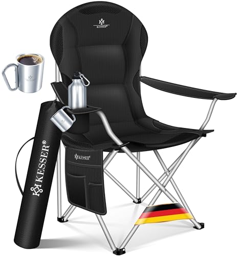 KESSER® Campingstuhl faltbar bis 150 kg Angelstuhl Faltstuhl Klappstuhl Gepolstert mit Armlehnen, hohe Rückenlehne Strandstuhl, Klapphocker inkl. Getränkehalter Tasche & Becher Schwarz