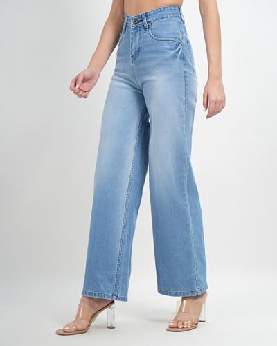 Image of Women's High Waist Wide Leg Jeans, Light Blue Denim, Stretchable Relaxed Fit