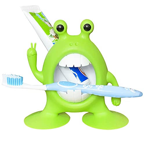 Cute Cartoon Frog Toothbrush Holder for Toddler Kids Baby Boys Girls,Toothpaste Holder,Decorative Children's Toothbrush Holder,Bathroom Accessories and Decor,Toothbrush Holder Kids with Cup,Green