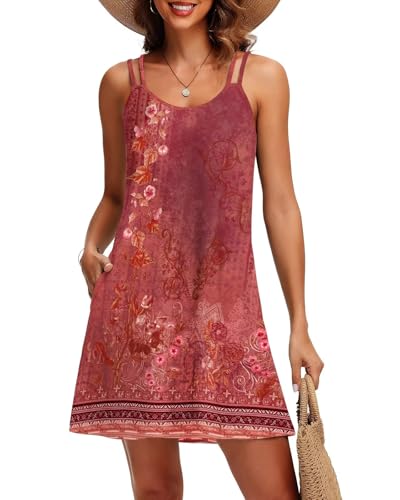 Tanmolo Sommerkleid Damen Strandkleid Spaghettitrger Freizeitkleid Kurz Ärmellos Tank Kleid Leicht und Luftig L Ziegelrot Blume