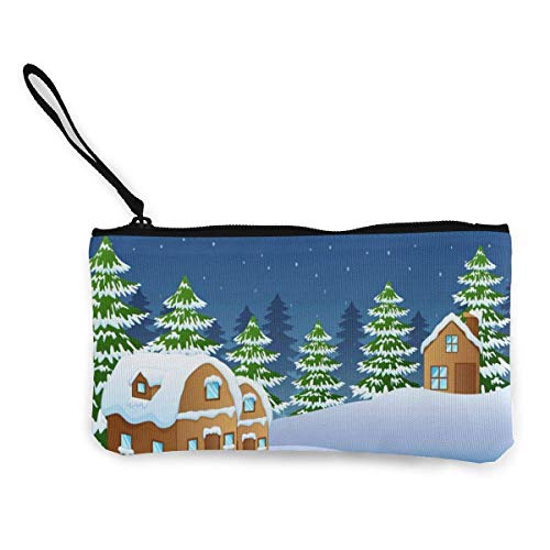 Preisvergleich Produktbild Hdadwy Weihnachtsnacht mit einem Tannenbaum und schneebedeckten Häusern Leinwand-Geldbörse Tasche Reißverschluss Kleine Geldbörsen Weiblich Tragbar Große Kapazität Personalisiert