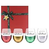 Etchpress Christmas Wine Glass, Set of 4 Santa Reindeer Sleigh Engraved Glitter Stemless Holiday Win