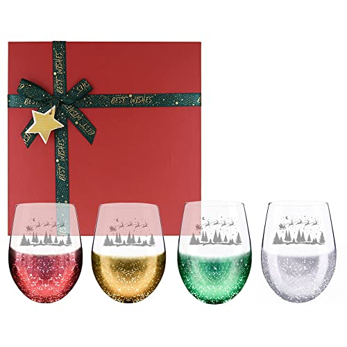 Etchpress Christmas Wine Glass, Set Of 4 Santa Reindeer Sleigh Engraved Glitter Stemless Holiday Wine Glasses #TOP7