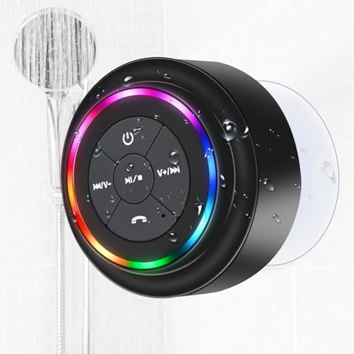 TDLIRH Bluetooth Waterproof Shower Speaker, Portable Wireless Speaker with Suction Cup, Colorful Lights, Teen Gift Idea for Shower, Bathroom, Pool, Beach