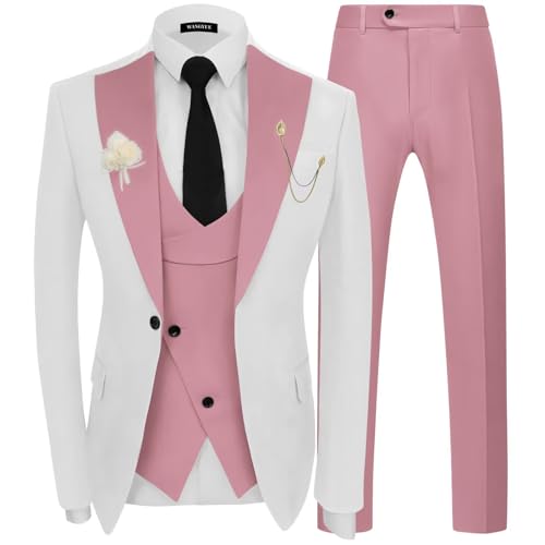 Wangyue White and Pink Tuxedo for Men 3 Piece Suit Slim Fit Pink and White Suits for Men Double Breasted Mens Suit Formal Business Prom Wedding Tuxedo M
