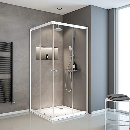 Schulte cabine de douche accès d’angle ajustable 75x75 à 90x90 x h.180 cm, blanc, portes coulissantes, extensible, largeur d'accès 30 à 49 cm, verre de sécurité...