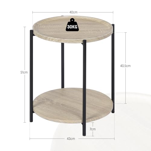Miniatura 3 de Woltu Mesa De Centro, Mesa Auxiliar Redonda Con 2 Estantes, Mesita De Noche, Mesilla Para Sofá Dormitorio Y Salon, Mdf Metal, Roble Claro Y Negro, 43x43x51 Cm, Bts06hei