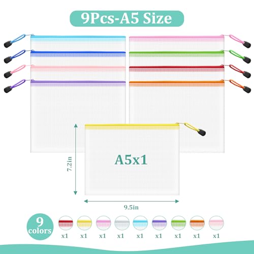 Image of 9pcs Mesh Bags with Zipper, A5 9.5x7.2 Inches, 9 Colors Clear Zipper Pouches for Organizing, Puzzle Storage, Travel, School, Office Supplies