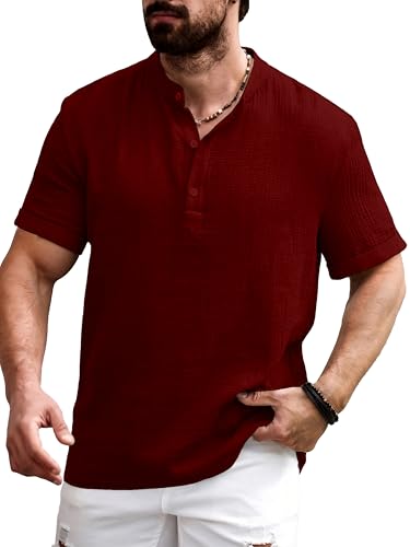 Image of Men Shirt | Black Textured Cotton Blend | Regular Fit Casual Shirt | Half Short Sleeve | Mandarin Chinese Collar | Button Down | Summer Office Wear | Stylish Shirt for Men
