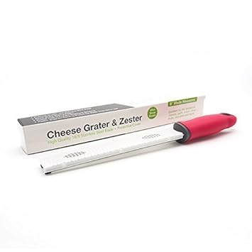 Lemon Zester & Cheese Grater - Razor Sharp Stainless Steel Grater for Parmesan Cheese, Potato, Ginger, Garlic, Nutmeg, Chocolate, Vegetables, Fruits - Safety Cover Long- Red