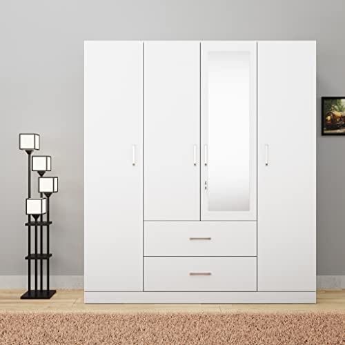 Image of VIKI Wardrobe | Wooden Almirah for Clothes,Door for Bedroom, 4 Door Wardrobe with Drawer, Mirror & Hanging Space (Frosty White - 40D x 160W x 180H) | 1 Year Warranty | Free Assembly