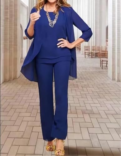 3 Piece Solid Color Cascading Ruffles Floor-Length Mother of the Bride Pant Suits with 3/4 Sleeve Outer Wear for Women2