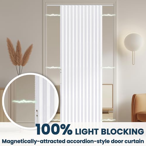 Image of AJAZZ 100% Blackout Magnetic Door Curtain Patio Door Curtain Invisible Folding Door for Bedroom Living Room Accordion Doorway Sets Included Tracks (1 Pack, 72W x 79 L, White)