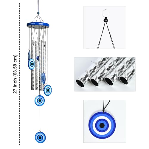 Image of ZAICUS Turkish Evil Eye Wind Chimes - Metal Hanging Decor for Home, Balcony, Entrance & Living Room - 27-inch Chime for Positive Energy & Housewarming Gift (4 Pipe)