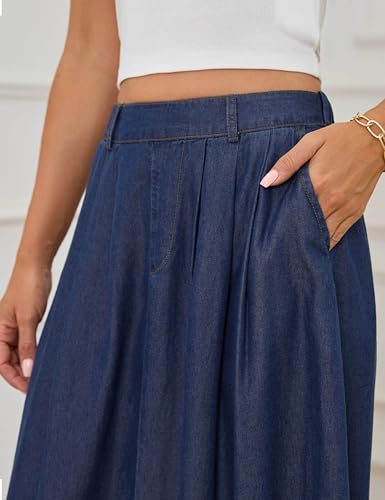 Lightweight Long Denim Skirts for Women A-line Jean Maxi Casual Skirt with Pockets Elastic Waist4