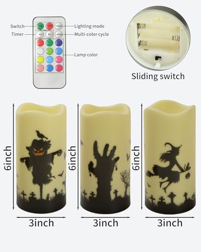 Image of Halloween Battery Operated Pillar Flameless Candles with Timer Remote for Decorations Indoor Set of 3
