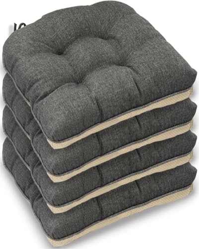 Casabella Chair pads - Dining Chairs Cushion - 4 Pc Cushions 45x45+8cm Non Slip Backing Chairpads - Tufted Seat pads With Ties - Durable & Soft Cushions for Kitchen Garden - Grey