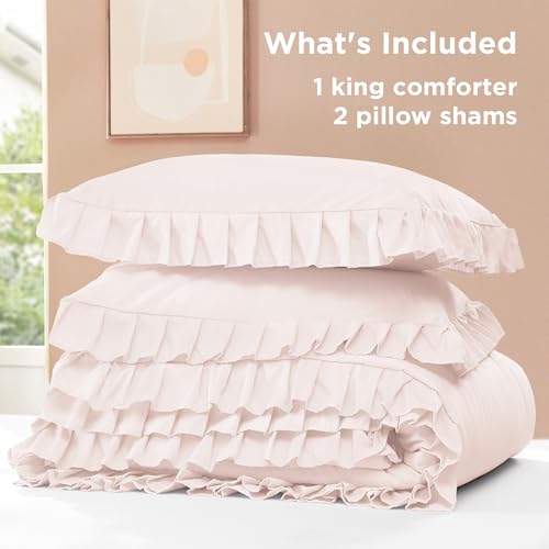 Image of Litanika Light Pink Queen Comforter Set, 3 Pieces Ruffle Farmhouse Aesthetic Bedding Comforter Set, All Season Soft Lightweight Fluffy Microfiber Bed Set(90x90In Comforter, 2 Pillowcases)