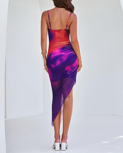 Image of PRETTYGARDEN Women 2025 Summer Mesh Dress Spaghetti Strap Cowl Neck Print Ruched Bodycon Dresses Asymmetrical Long Dress