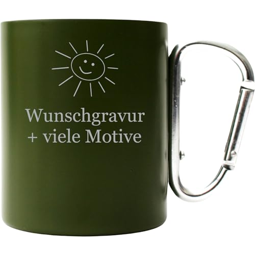 Geschenkissimo Edelstahl Tasse Grün mit Karabiner 250 ml mit Gravur, Name, Spruch, Motiv - Outdoor Tasse, Becher für Camper, Förster, Forstwirt, Baumpfleger, Geschenke