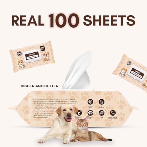 Image of Incofit Anti-Bacterial 100 Pulls Pet Wet Wipes for Dogs, Puppies, Cats, Rabbits & Small Pets | Powerful Odour, Vitamin E & Olive Oil | Anti-Itching | Cleansing, Deodorising & Grooming (Pack of 1)