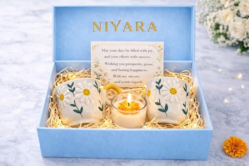 Image of Niyara Stoneware Handmade Premium Ceramic Tea Cups and Coffee Mugs Set of 2 (Daisy Floral, with Gift Box & Candle)