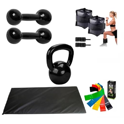 Kit Treine em Casa: Par Halter 02 Kg + 01 Kettlebel 04 Kg + Caneleira par 02 Kg + Colchonete 90 x 40 + 05 Elásticos Multi Tensões