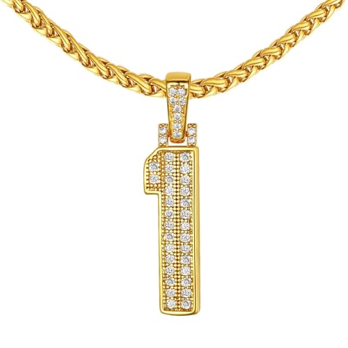 FindChic Bling Number Necklace Baseball Chain 14K Gold Plated Sports Football Pendant Hip Hop Cubic Zirconia Iced Custom Name Personalized Jewelry for Men Boys, Tennis Chain 18'' to 30'' + G