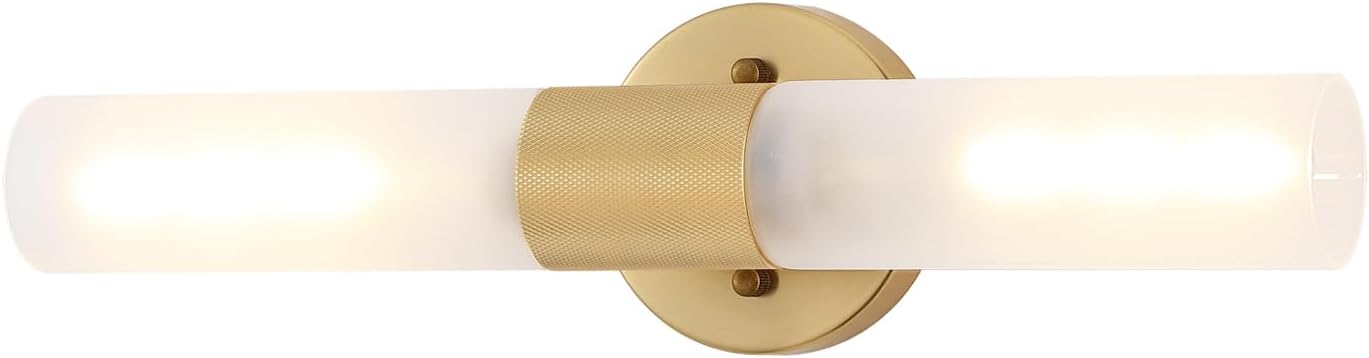 Gold Knurled Texture Wall Sconce Frosted Glass Shade Modern Bathroom Vanity Light Fixtures 2-Lights Mid Century Wall Light for Mirror Living Room Hallway E26 T10 Bulbs(Excluded) Gold/Frosted Glass