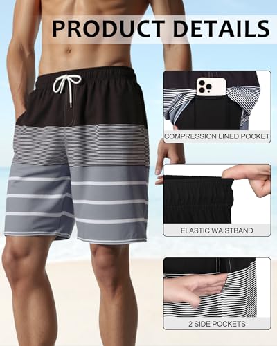 Image of Mens Swim Trunks with Compression Liner 2 in 1 Quick Dry Swimming Shorts Swimwear Bathing Suits with Pockets