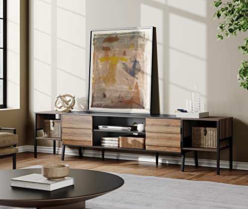 Mid-Century Tv Stand For 85 Inch Tv, Modern Entertainment Center For 65-95 Inch Tv, Wood Tv Console Table With Storage Cabinet & Adjustable Shelf For Living Room Bedroom, Black & Brown, 90 Inch #TOP1