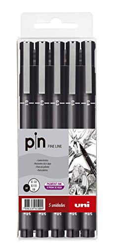 Caneta Técnica Pin Fine Line, Uni-Ball, Preta, Estojo c/5 unidades (0.1, 0.2, 0.3, 0.5 e 0.8 mm)