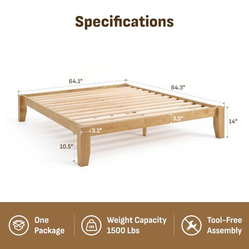 Image of Softa Mikor Queen Japanese Joinery Bed Frame, Solid Rubberwood, 1500 Lbs Heavy Duty Slats Support, SGS Certified, 15-Min No-Tool Assembly, Noise-Free, Under-Bed Storage, No Box Spring Needed