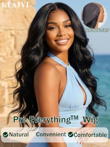 Image of KLAIYI Loose Wave Bangs Glueless Precut 13x4 Lace Front Wigs Human Hair 16 inch