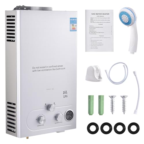 Calentador de agua de gas 16LPM, 32 kW de gas propano con presión de agua de arranque súper baja de 0,2 bar, funciona con para el hogar, caravanas, cabinas, graneros, ducha y uso diario, color