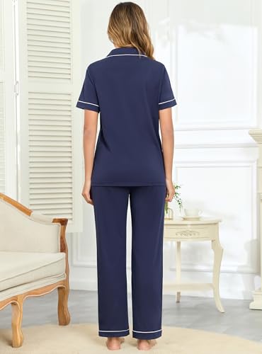 Image of Veseacky 100% Cotton Pajamas for Women Set Short Sleeve Button Down Sleepwear Soft 2 Piece Summer Pjs Lounge Sets S-XXL