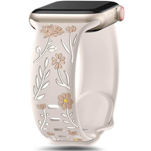 SNBLK Floral Band Compatible with Cute Apple Watch Bands for Women 40mm 41mm 38mm 42mm 44mm 45mm 46mm 49mm, Flower Engraved Silicone Inlay Dressy Strap for iWatch Series 10 9 8 7 6 5 4 3 2 1